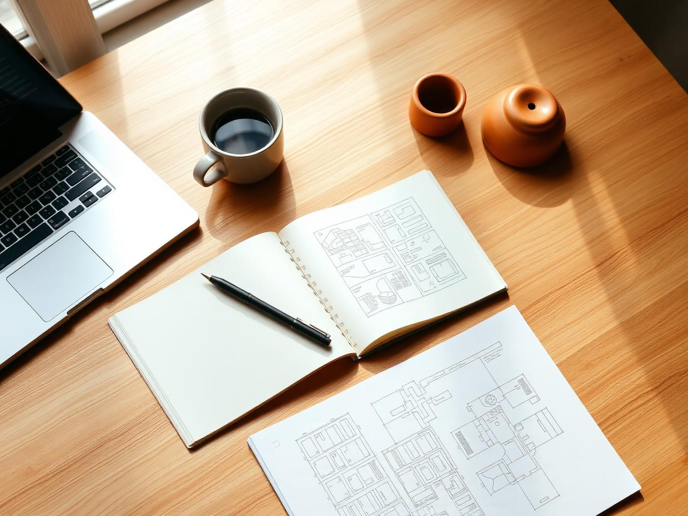 Bureau chaleureux avec carnet, notes et documents de préparation d'un projet de communication