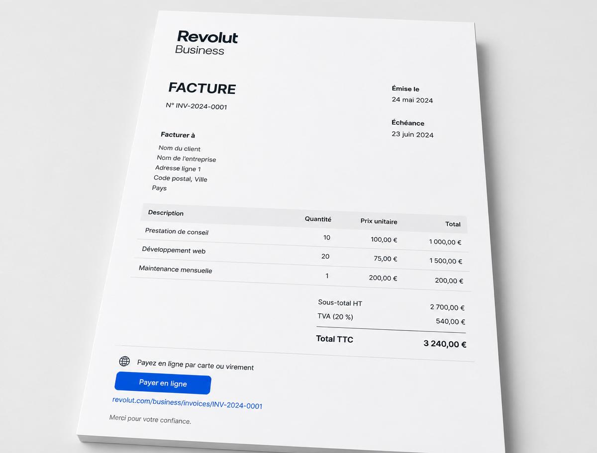 Exemple de facture émise via Revolut Business